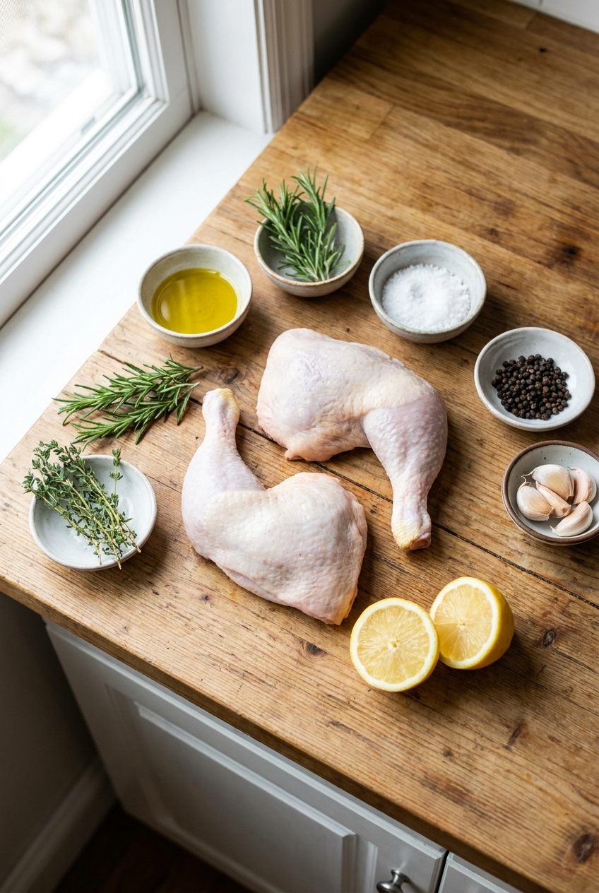ingredients for Herb-Roasted Chicken Leg Quarters with Garlic and Lemon