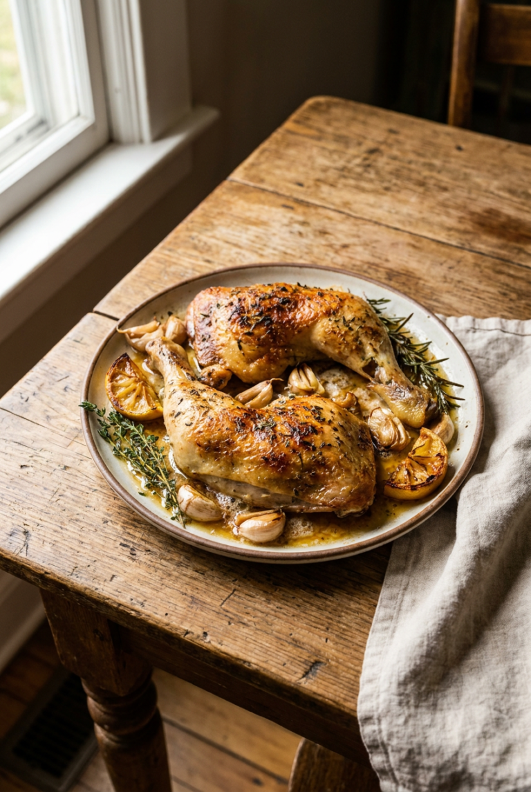 herb-roasted chicken leg quarters with garlic and lemon recipe - Herb-Roasted Chicken Leg Quarters with Garlic and Lemon served in a white bowl overhead view