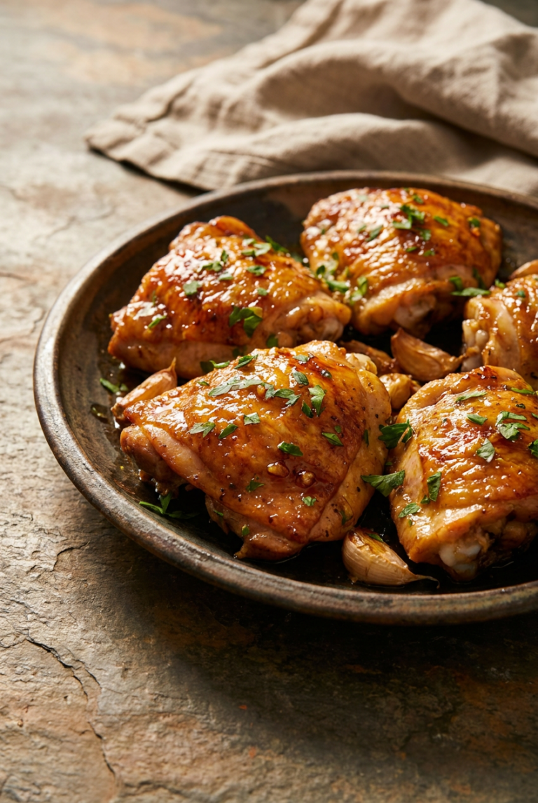honey garlic baked chicken thighs recipe - Honey Garlic Baked Chicken Thighs served in a white bowl overhead view