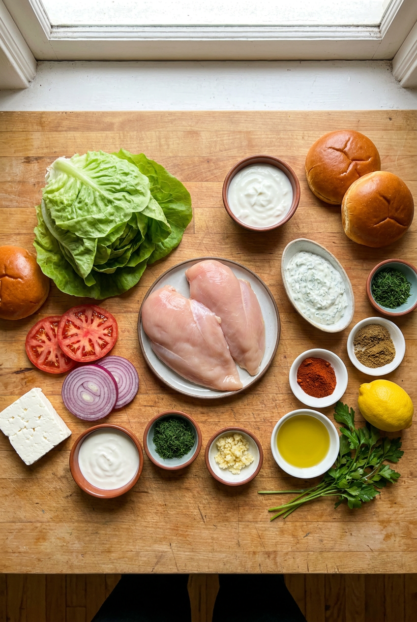 ingredients for Juicy Grilled Chicken Burger with Herbed Yogurt Sauce