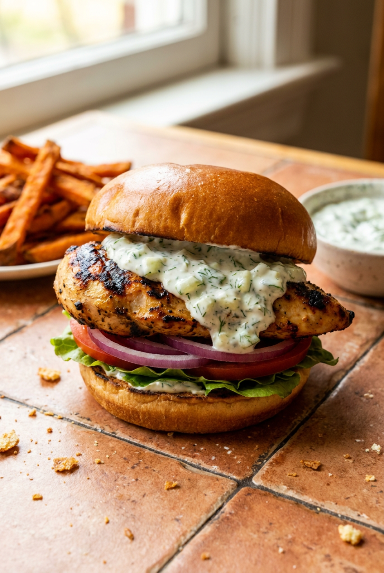 juicy grilled chicken burger with herbed yogurt sauce recipe - Juicy Grilled Chicken Burger with Herbed Yogurt Sauce served in a white bowl overhead view