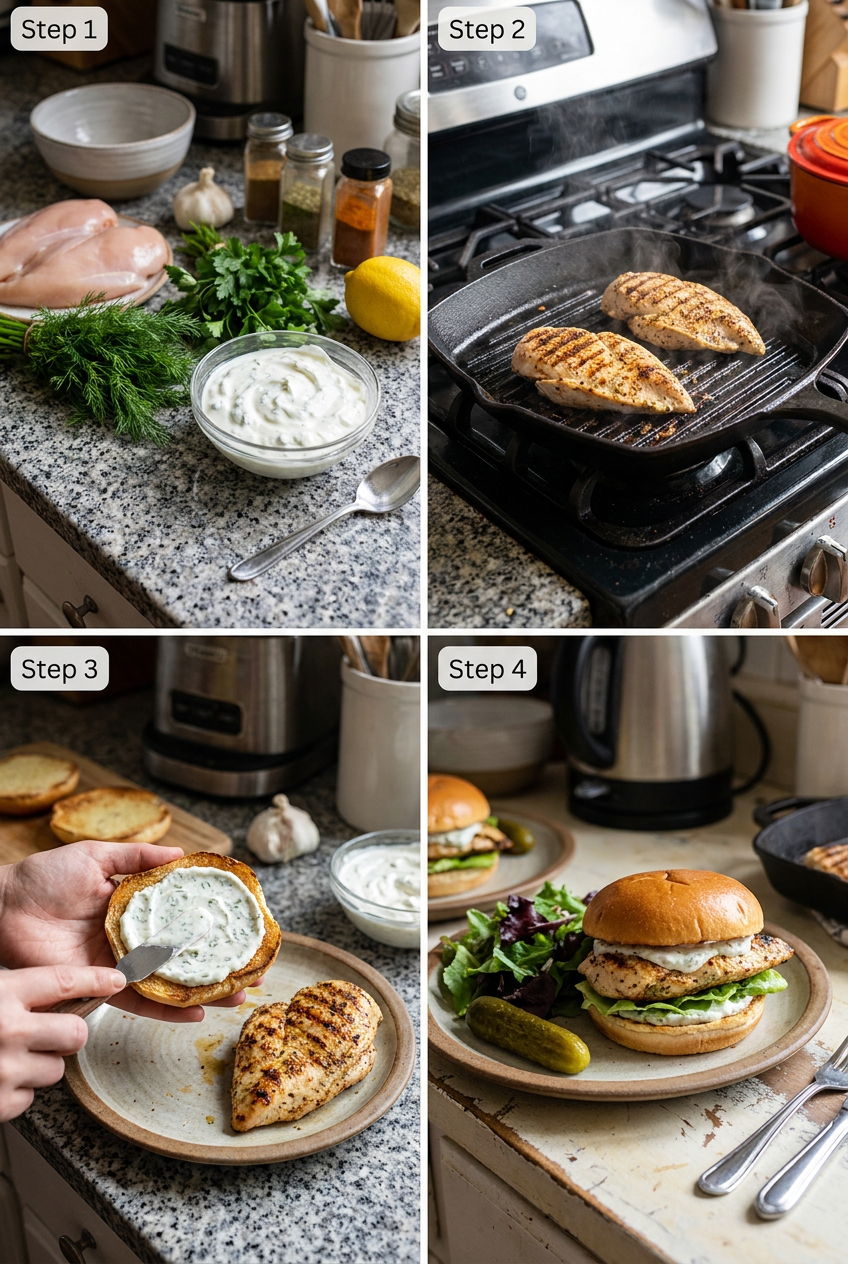 how to make Juicy Grilled Chicken Burger with Herbed Yogurt Sauce step by step