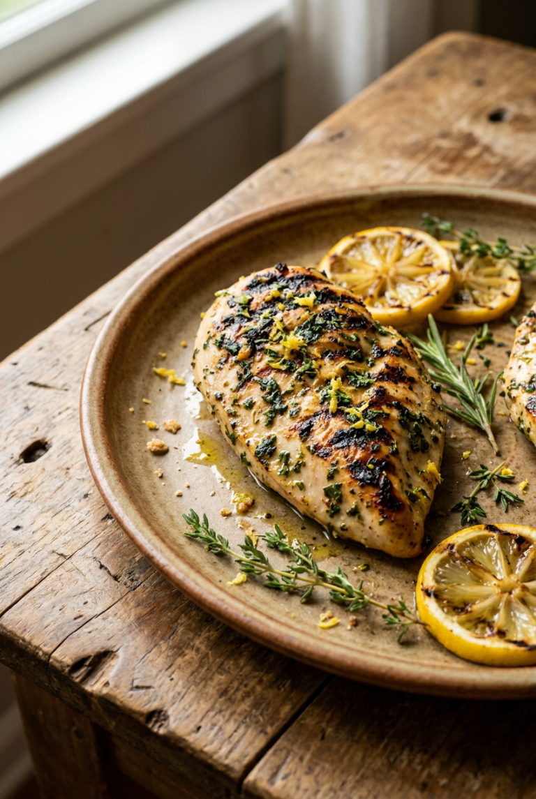 lemon herb grilled chicken breast recipe - Lemon Herb Grilled Chicken Breast served in a white bowl overhead view