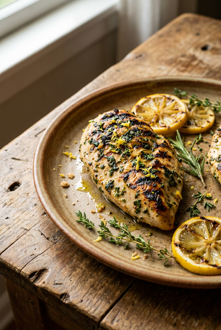 lemon herb grilled chicken breast recipe - Lemon Herb Grilled Chicken Breast served in a white bowl overhead view