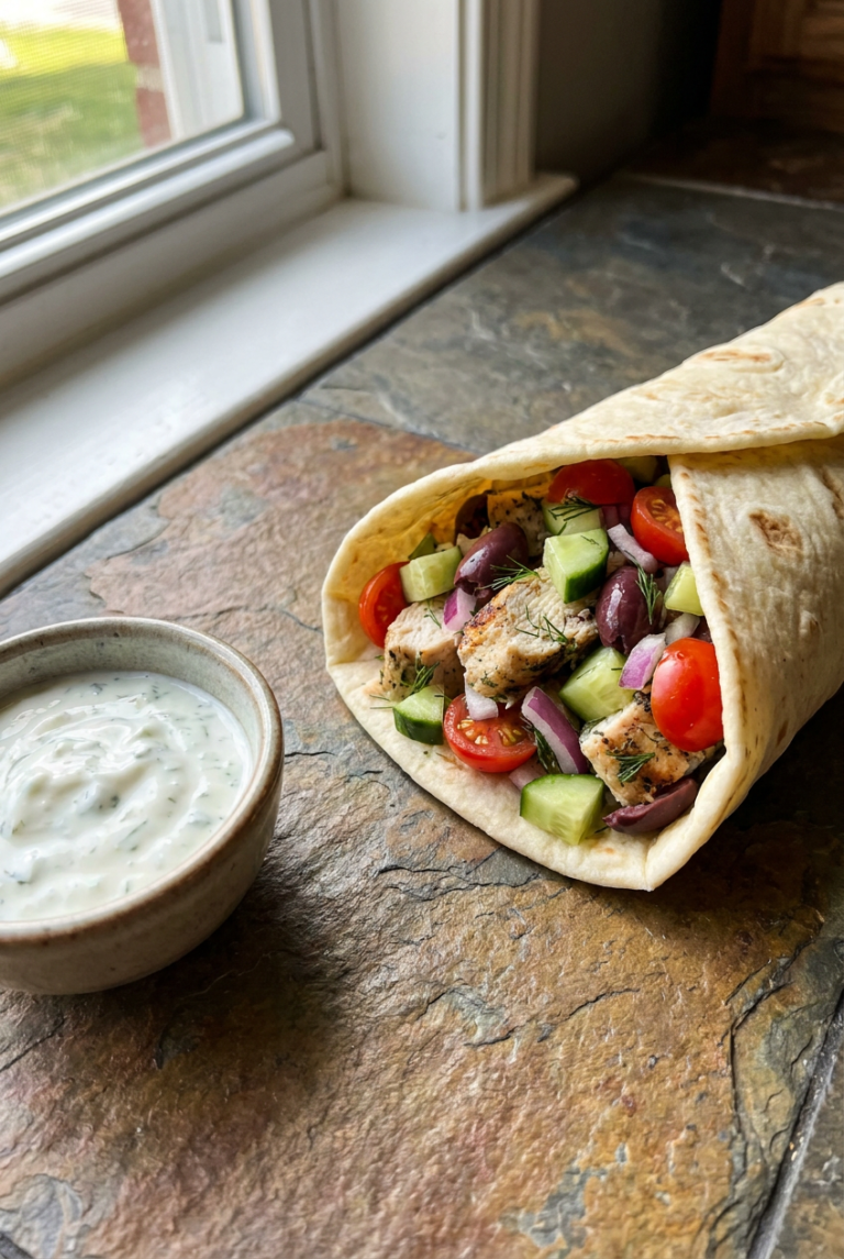 mediterranean chicken wrap with tzatziki recipe - Mediterranean Chicken Wrap with Tzatziki served in a white bowl overhead view