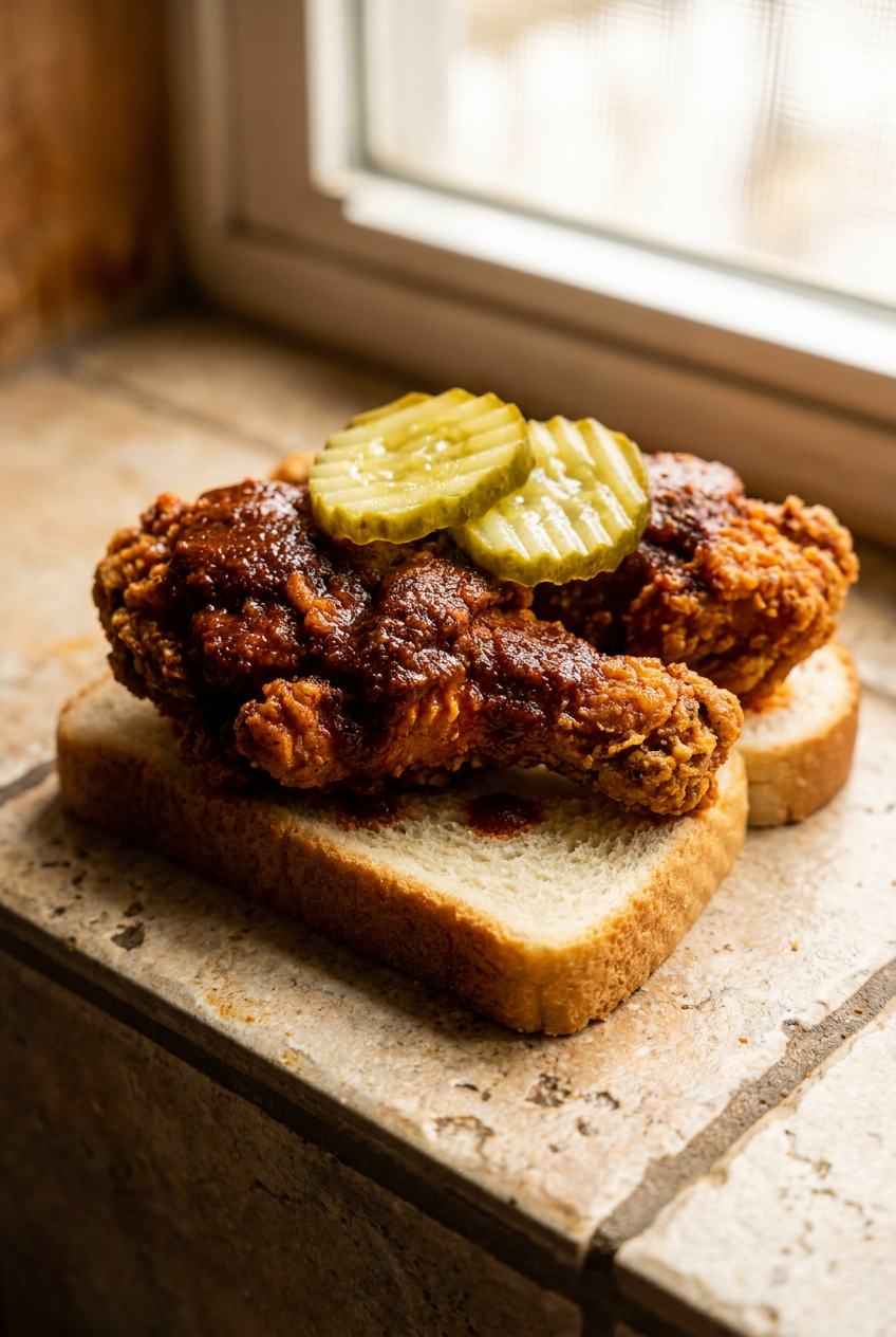 nashville hot chicken recipe - Nashville Hot Chicken served in a white bowl overhead view