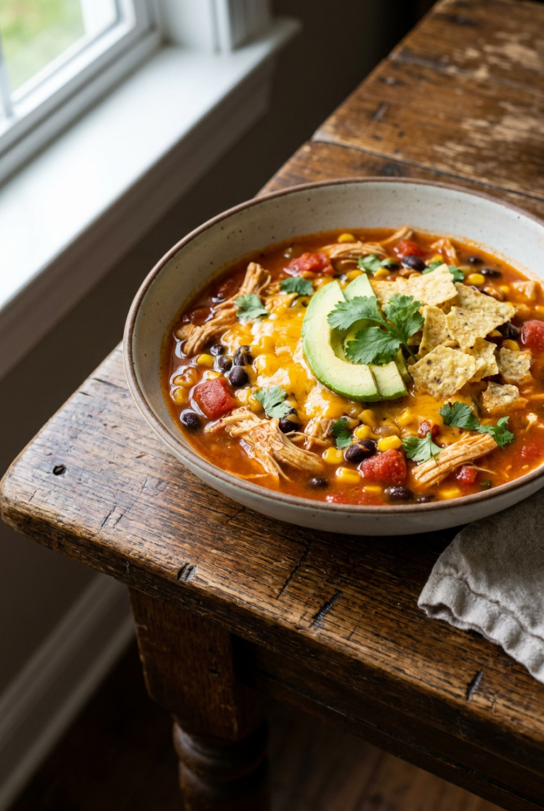quick chicken taco soup recipe - Quick Chicken Taco Soup served in a white bowl overhead view