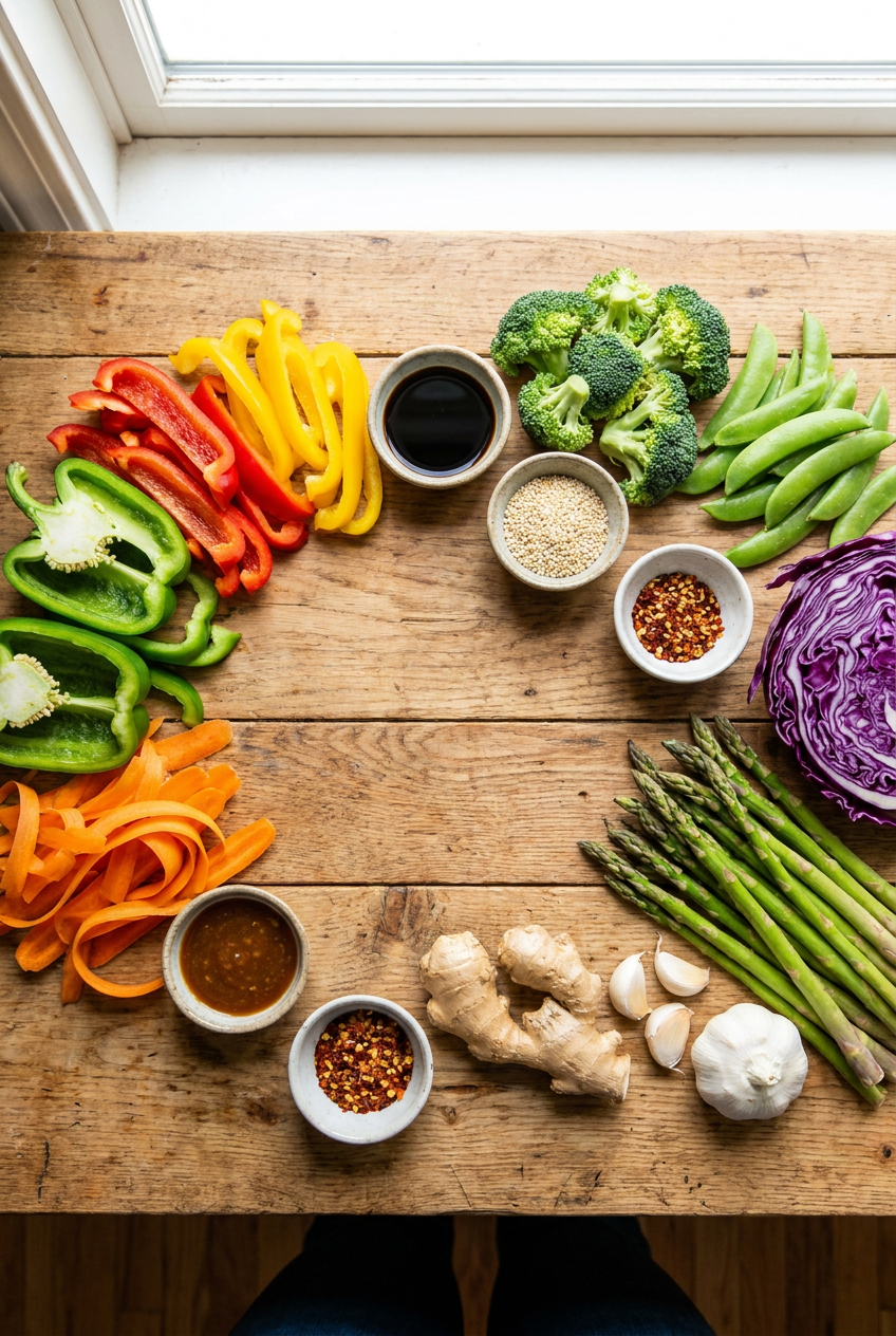 ingredients for Rainbow Garden Stir-Fry with Ginger Soy Glaze