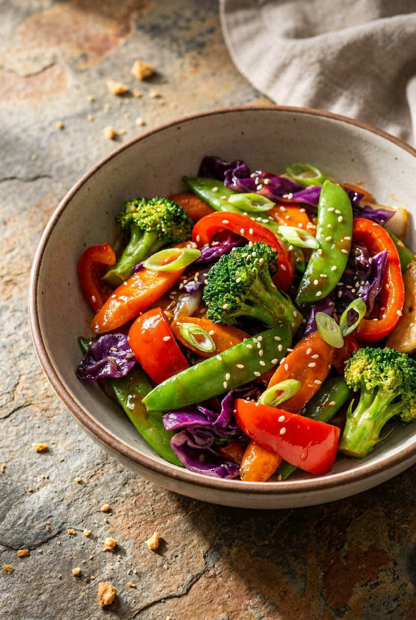 rainbow garden stir-fry with ginger soy glaze recipe - Rainbow Garden Stir-Fry with Ginger Soy Glaze served in a white bowl overhead view