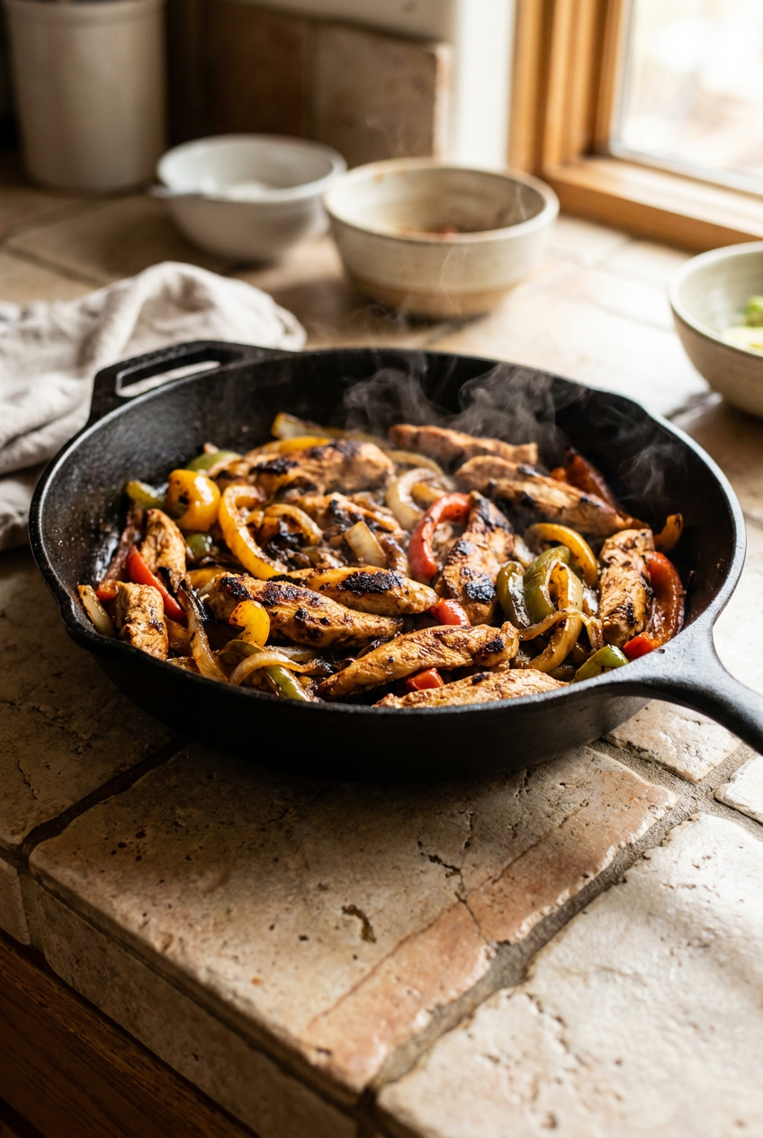 sizzling skillet chicken fajitas recipe - Sizzling Skillet Chicken Fajitas served in a white bowl overhead view