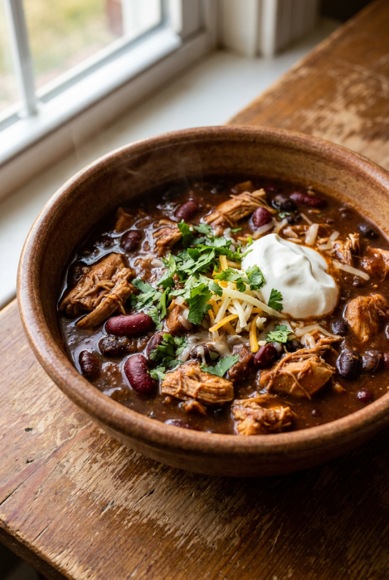 smoky chicken and two-bean chili recipe - Smoky Chicken and Two-Bean Chili served in a white bowl overhead view