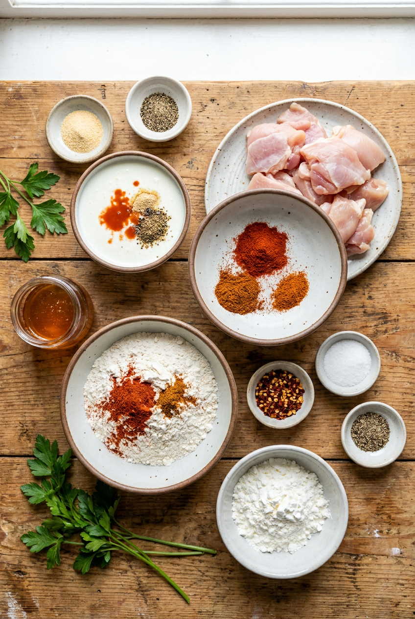 ingredients for Spicy Buttermilk Fried Chicken with Hot Honey Drizzle