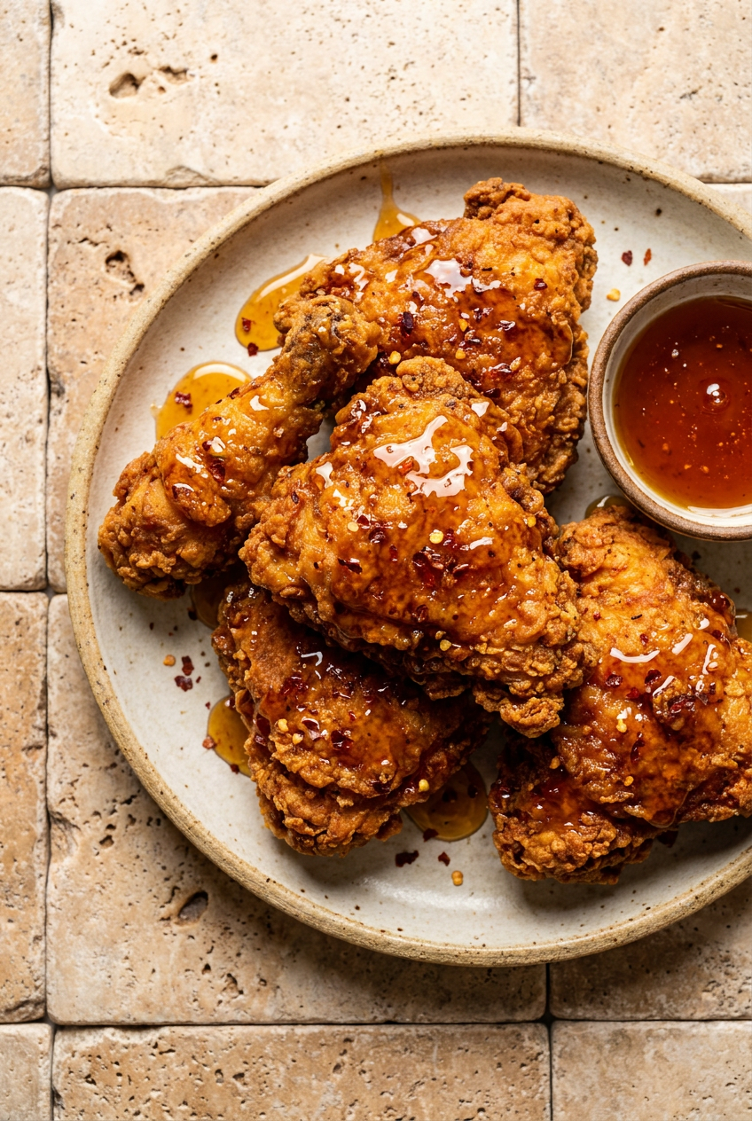 spicy buttermilk fried chicken with hot honey drizzle recipe - Spicy Buttermilk Fried Chicken with Hot Honey Drizzle served in a white bowl overhead view