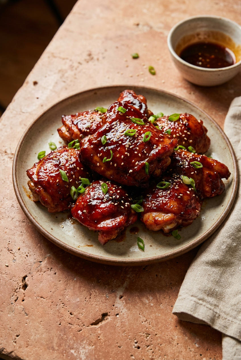 sticky gochujang glazed boneless chicken thighs recipe - Sticky Gochujang Glazed Boneless Chicken Thighs served in a white bowl overhead view