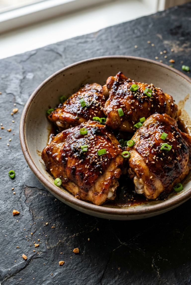 sticky honey-soy glazed bone-in chicken thighs recipe - Sticky Honey-Soy Glazed Bone-In Chicken Thighs served in a white bowl overhead view