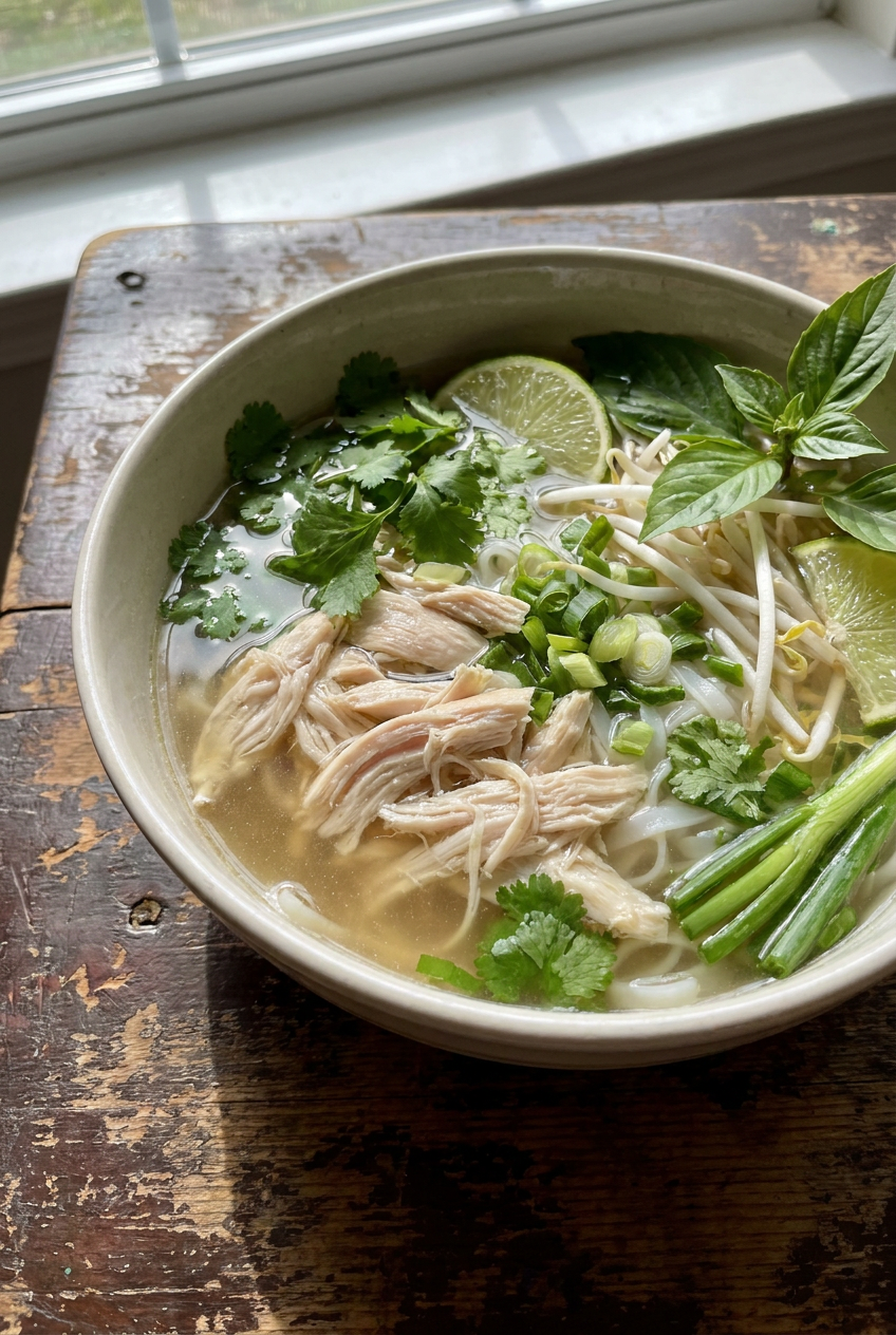tender chicken pho (phở gà) recipe - Tender Chicken Pho (Phở Gà) served in a white bowl overhead view