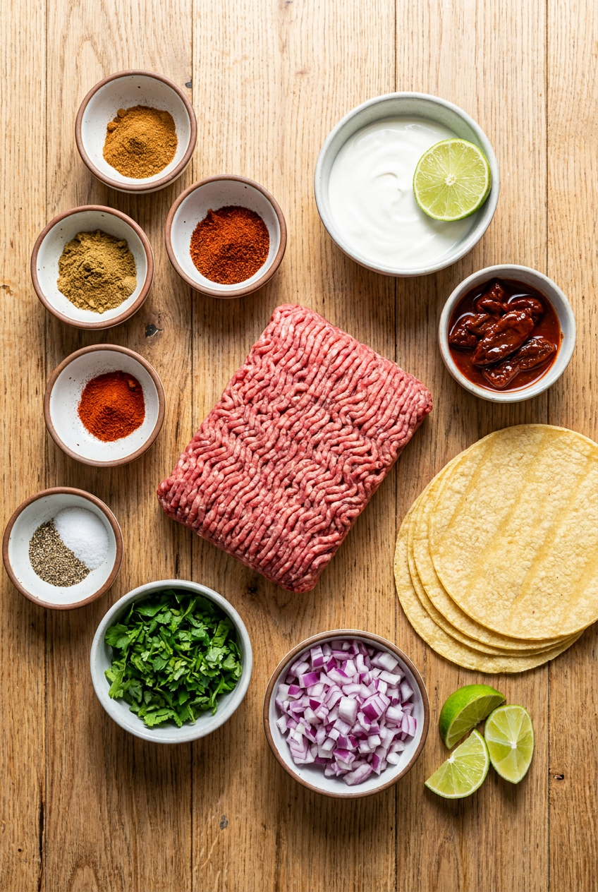ingredients for Ultimate Beef Tacos with Chipotle Lime Crema