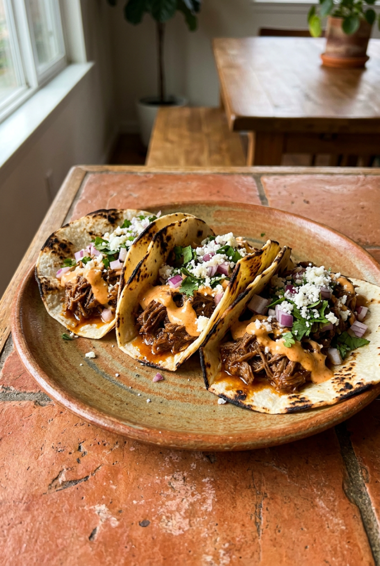 ultimate beef tacos with chipotle lime crema recipe - Ultimate Beef Tacos with Chipotle Lime Crema served in a white bowl overhead view