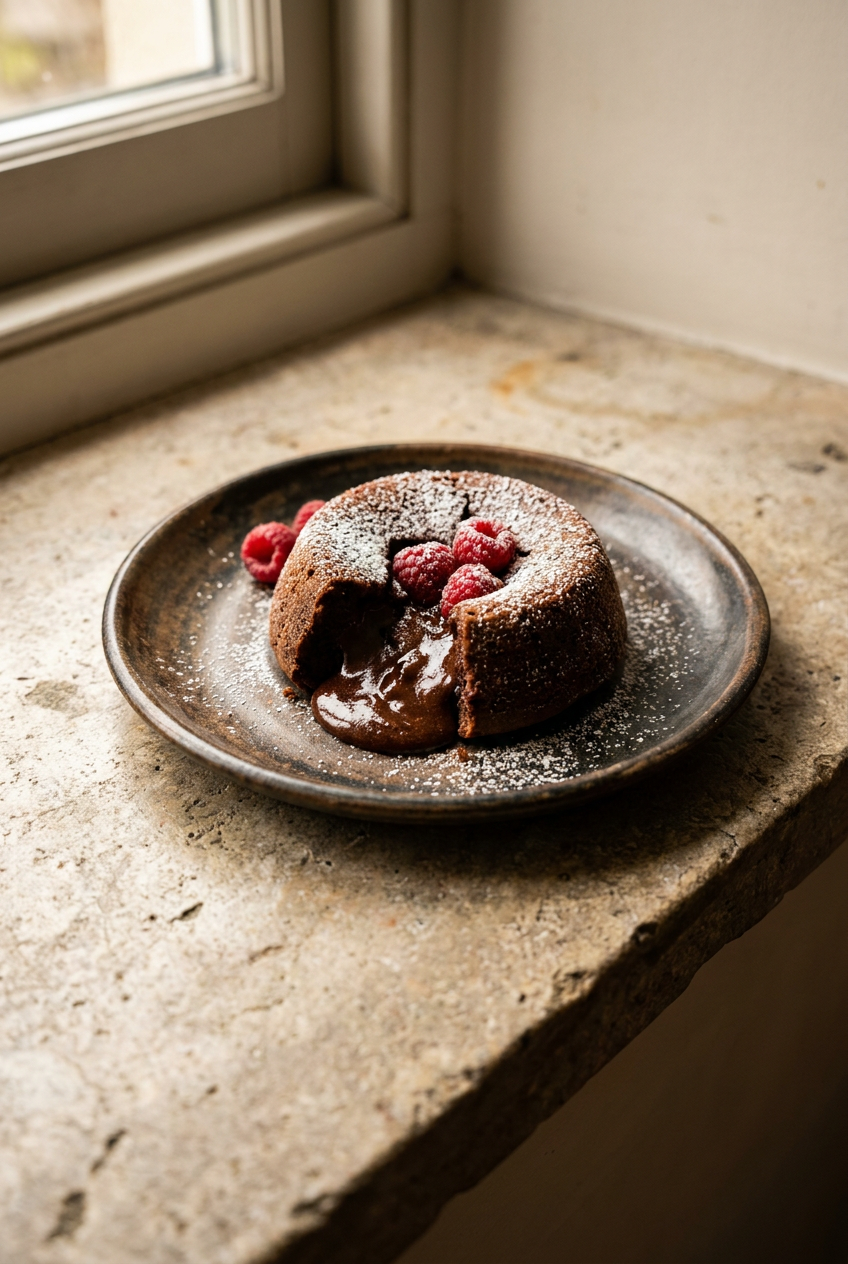 ultimate chocolate lava cake recipe - Ultimate Chocolate Lava Cake served in a white bowl overhead view