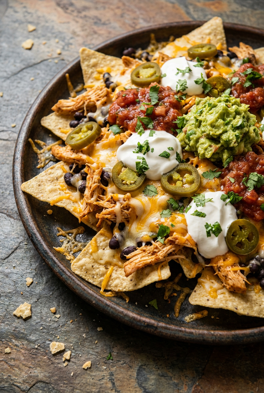 ultimate loaded chicken nachos recipe - Ultimate Loaded Chicken Nachos served in a white bowl overhead view