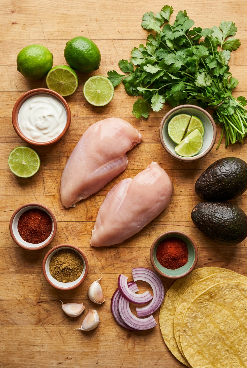ingredients for Zesty Lime Chicken Tacos with Creamy Avocado Sauce