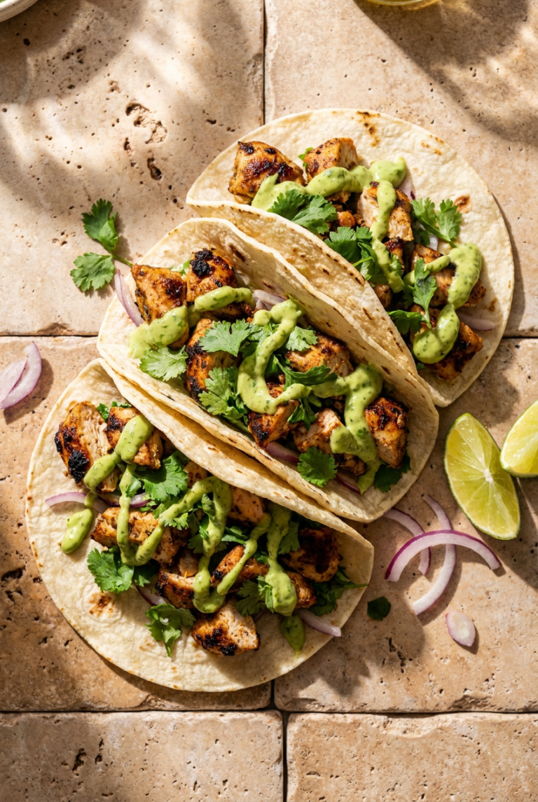 zesty lime chicken tacos with creamy avocado sauce recipe - Zesty Lime Chicken Tacos with Creamy Avocado Sauce served in a white bowl overhead view