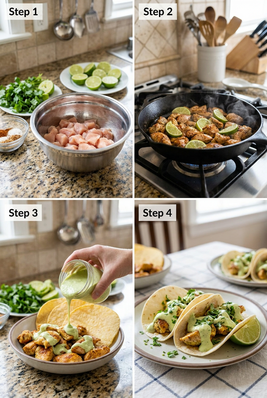 how to make Zesty Lime Chicken Tacos with Creamy Avocado Sauce step by step